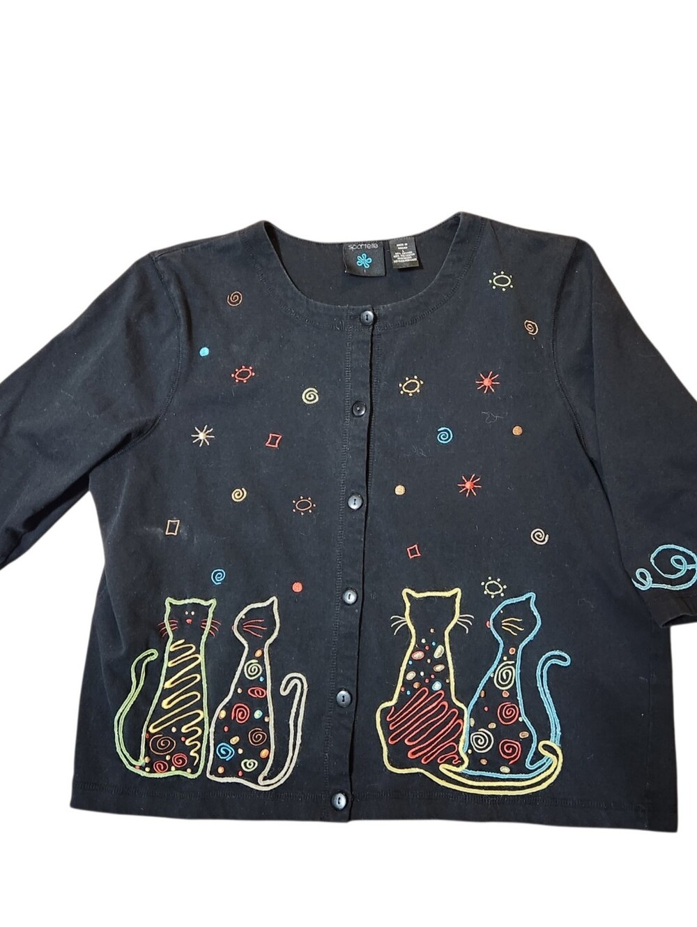 Sportelle Shirt Vintage Womens Size Large Black Embroidered Cats Button Up